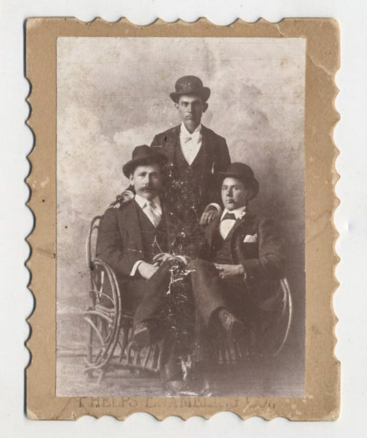 Cabinet Card with Scalloped Edges, 3 Men Posing in Bowler Hats & Suits