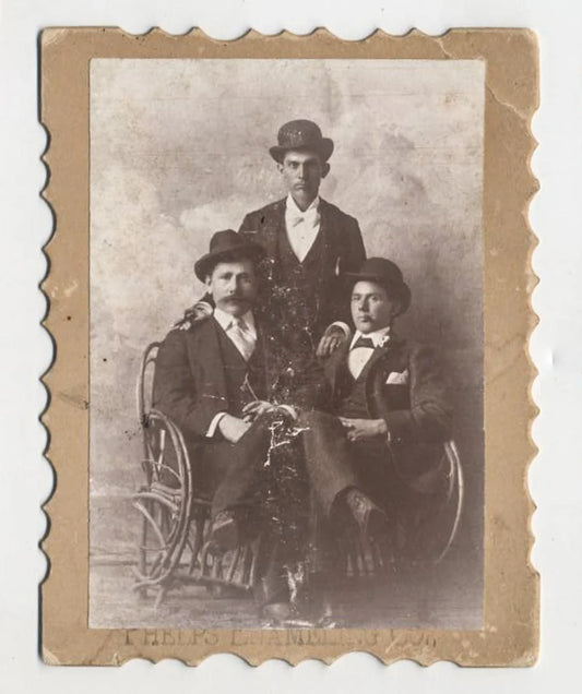 Cabinet Card with Scalloped Edges, 3 Men Posing in Bowler Hats & Suits