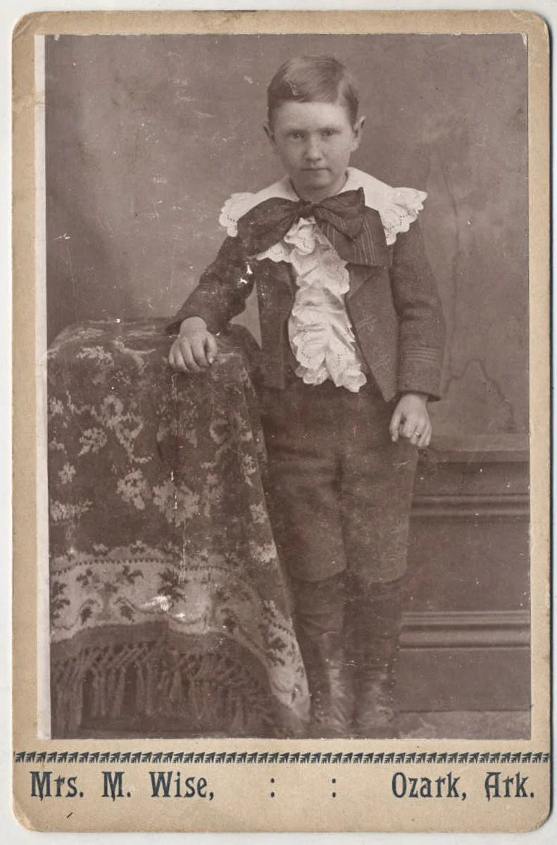 Vintage Cabinet Card of Boy Dressed In Ruffled Shirt and Big Bow//Victorian Cabinet Card