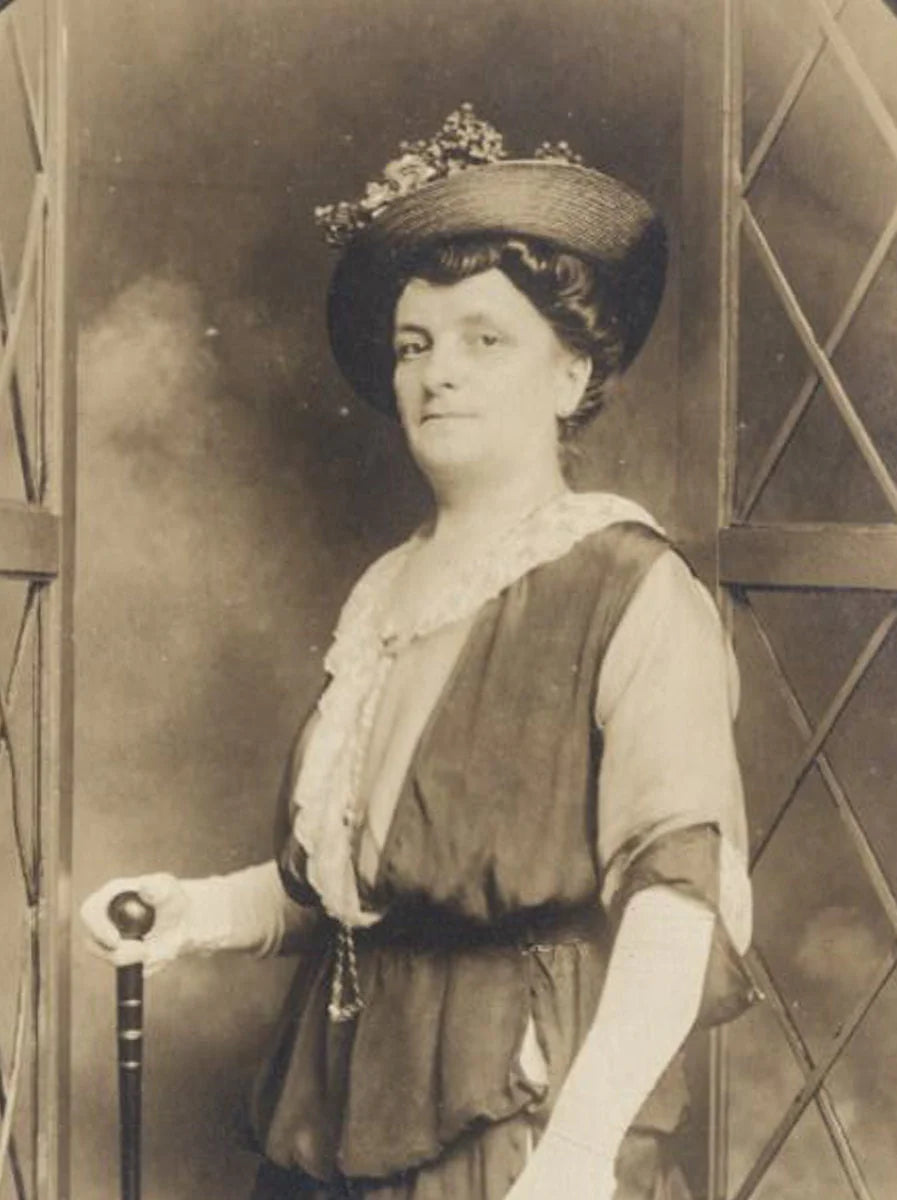Vintage Post Card Image of Woman in Hat with Cane in Period Paper Folder//Woman in Dinner Gloves and Flower Hat//Window Pain Backdrop