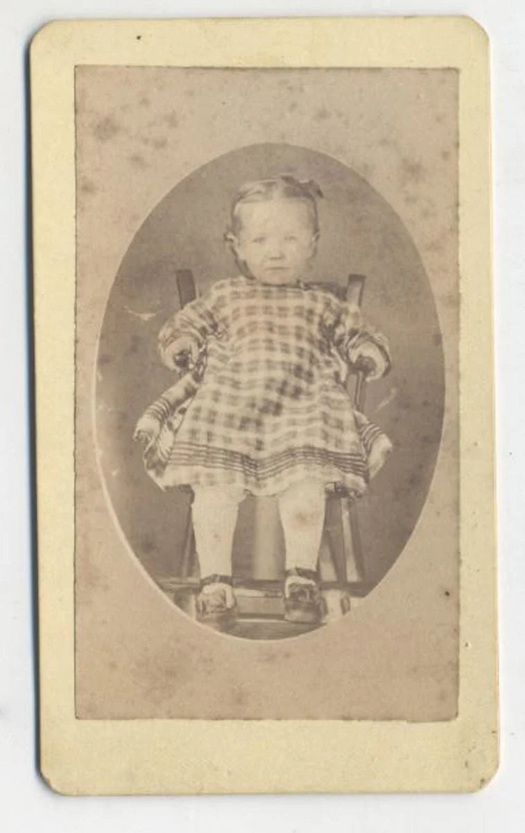 Vintage 1800's CDV Photo Card of Toddler Girl In Plaid Dress on Rocking Chair//Cute Toddler//Antique Child Picture
