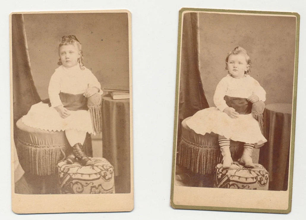 Set of 2 Vintage 1800's CDV Photo Card of 2 Young Sisters with Curls and White Dress//Antique Portrait of Sisters//Vinatge Cute Little Girls