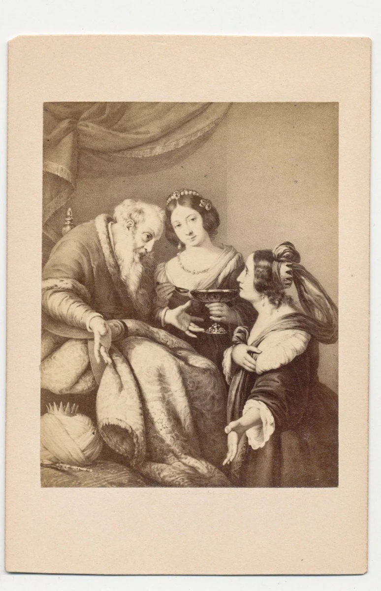 1800's CDV Card of Two Women and an Old White Bearded Man//CDV Illustration Card//Esther & Ahasverus//Mercy for People