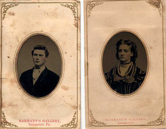 SET OF TWO TINTYPE PORTRAITS OF YOUNG MAN   WOMAN - LANCASTER, PA