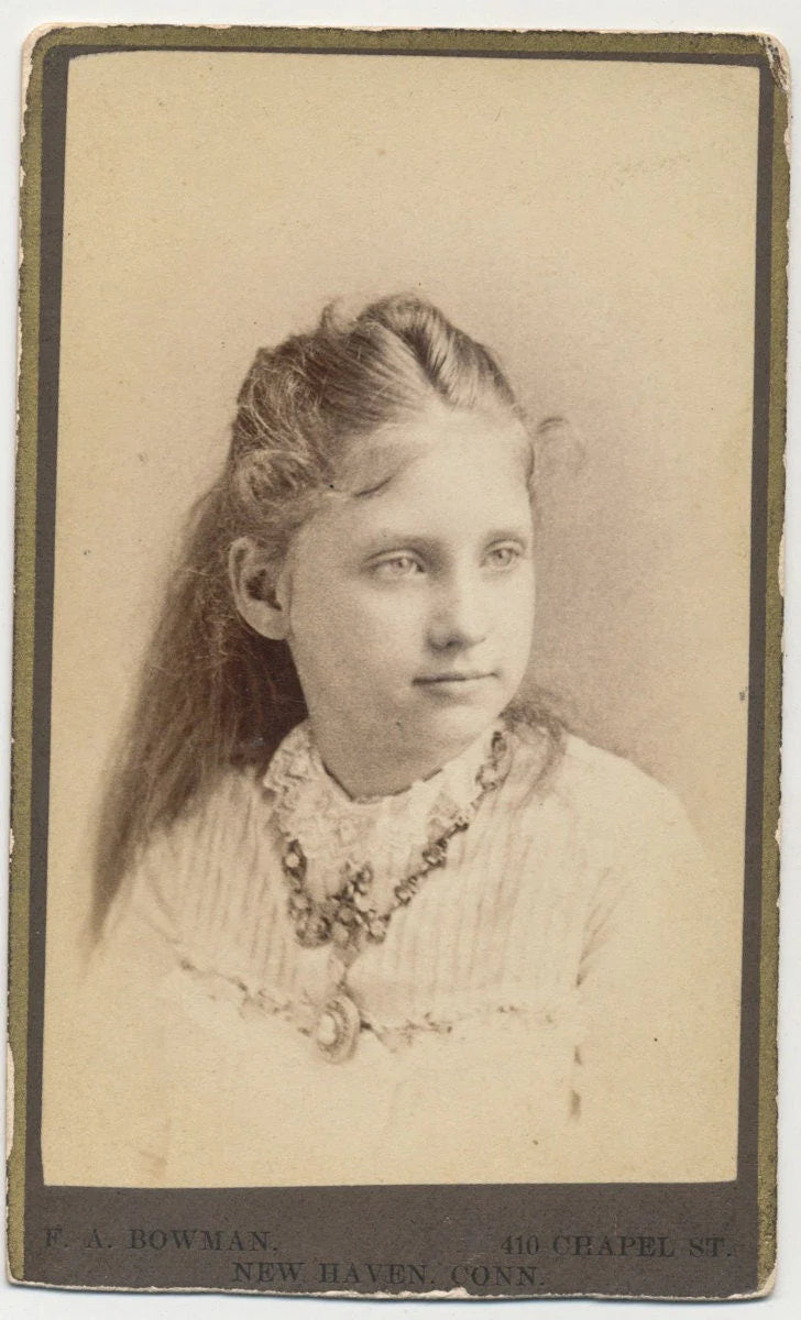 Antique CDV Photo Card from the 1800s of Beautiful Gazing Girl with Cameo Necklace