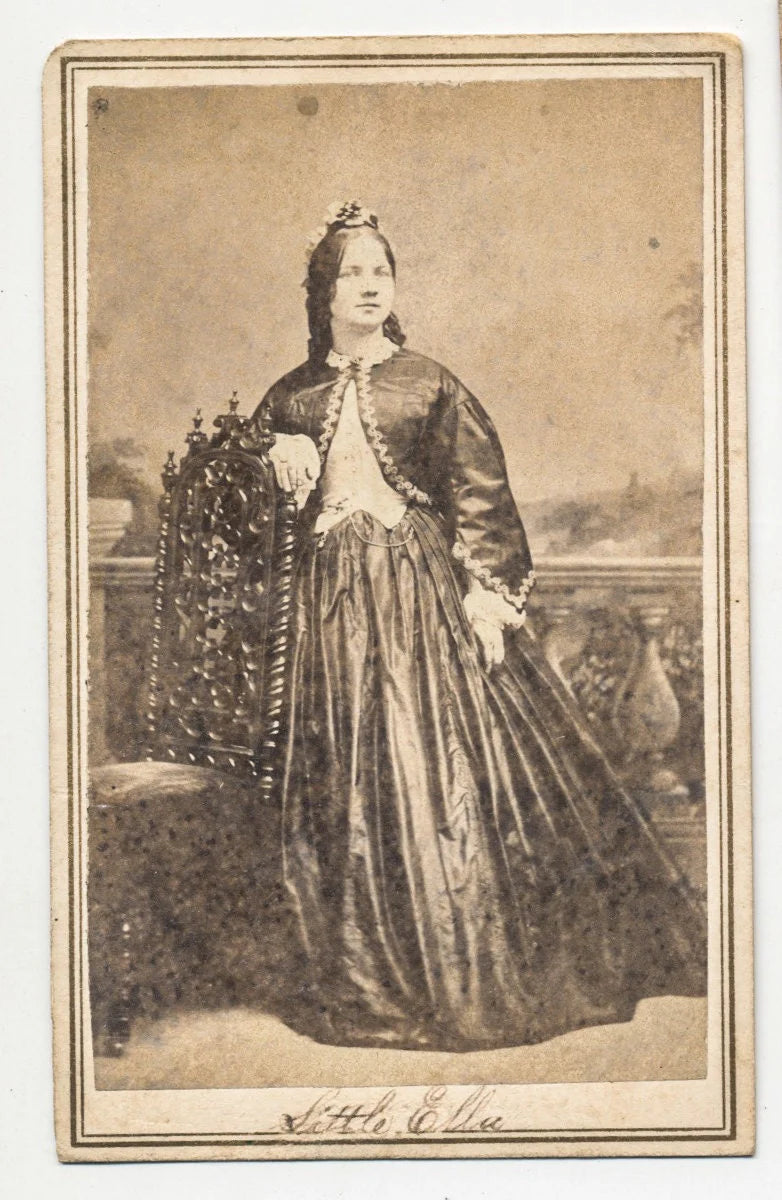 Civil War Era Image//Antique CDV Card of Woman "Little Elle" Posing and Wearing Interesting Hat//Paletot Coat and Gothic Dress