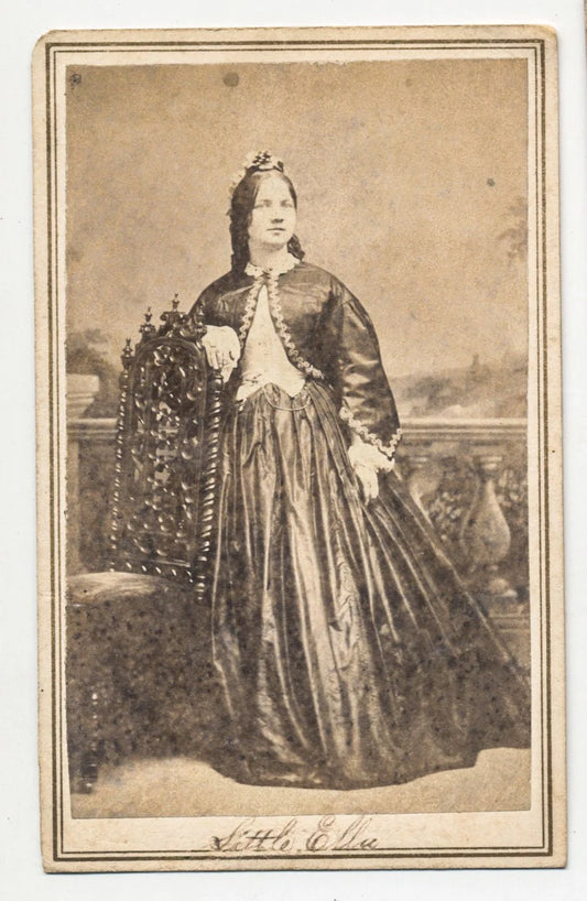 Civil War Era Image//Antique CDV Card of Woman "Little Elle" Posing and Wearing Interesting Hat//Paletot Coat and Gothic Dress