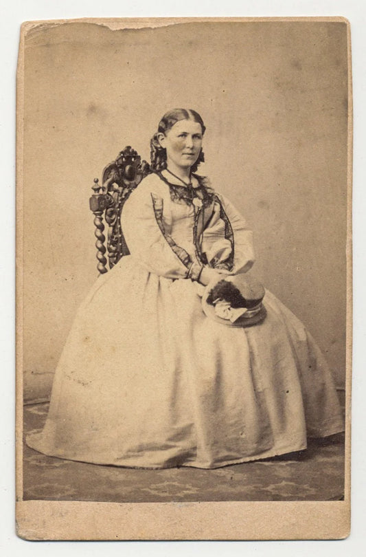 Antique CDV Card of Woman With White Dress and Holding Top Hat//Civil War Era//Fancy Dress//Sausage Curls