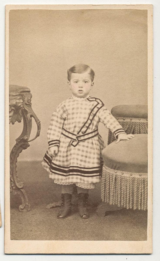 Vintage CDV Card of Shocked Looking Baby In Checkered Dress From Pennsylvania//Chubby Cheek Baby//Antique Baby Portrait