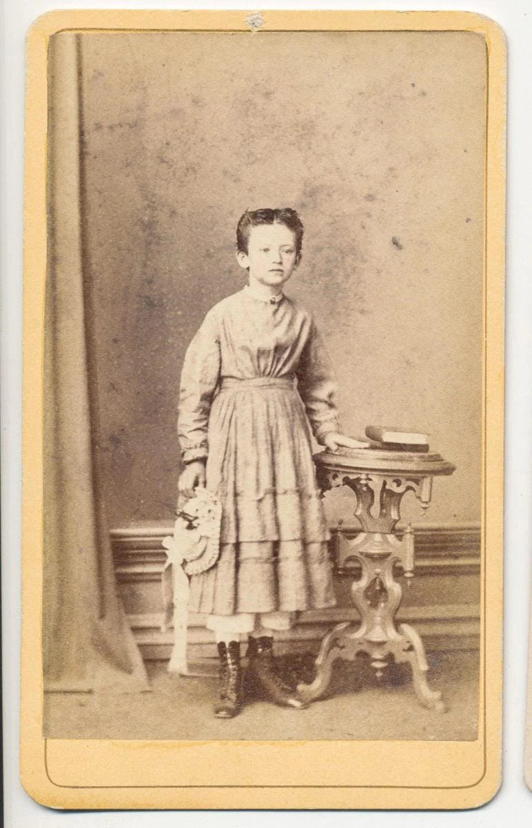 Antique 1800's CDV Photo Card Of Young Girl With Flower Hat//Vintage Portrait of Little Girl//Frail Girl