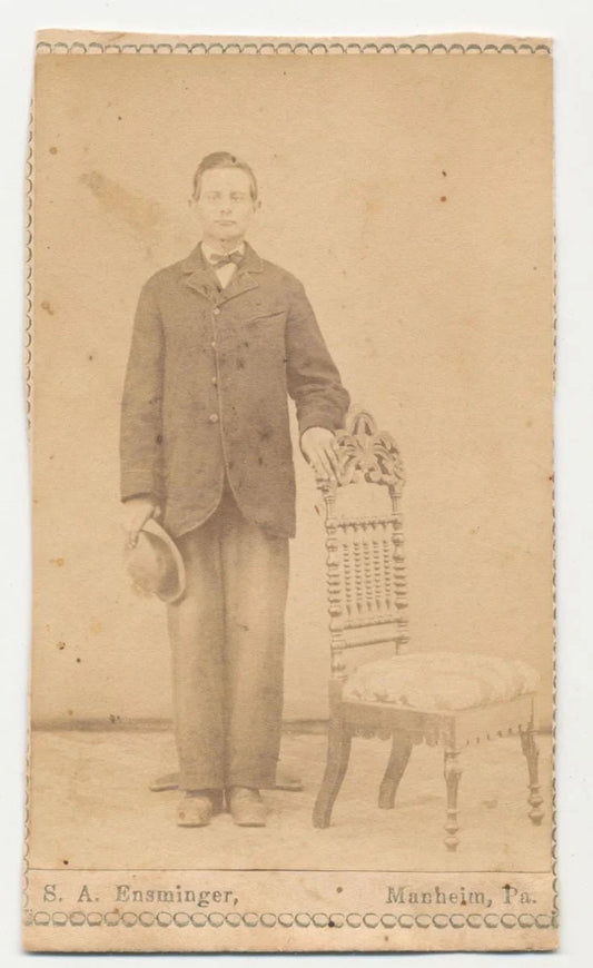 CDV Photo From The 1800s of Tall Lengthy Man With Bow Tie Holding Hat//Antique Portait//19th Century Man Posing with Chair