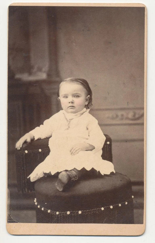 CDV Photo From The 1800s of Cute Little Toddler Girl with Piercing Eyes//Baby Portrait//19th Century Photo