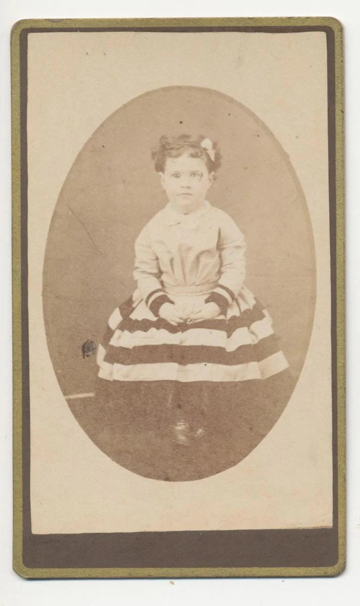 CDV Photo From The 1800s of Curly Haired Girl With Bow and Striped Skirt//Pennsylvania CDV Portrait//Big Eyed Little Girl