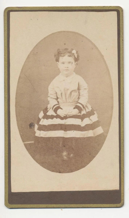 CDV Photo From The 1800s of Curly Haired Girl With Bow and Striped Skirt//Pennsylvania CDV Portrait//Big Eyed Little Girl