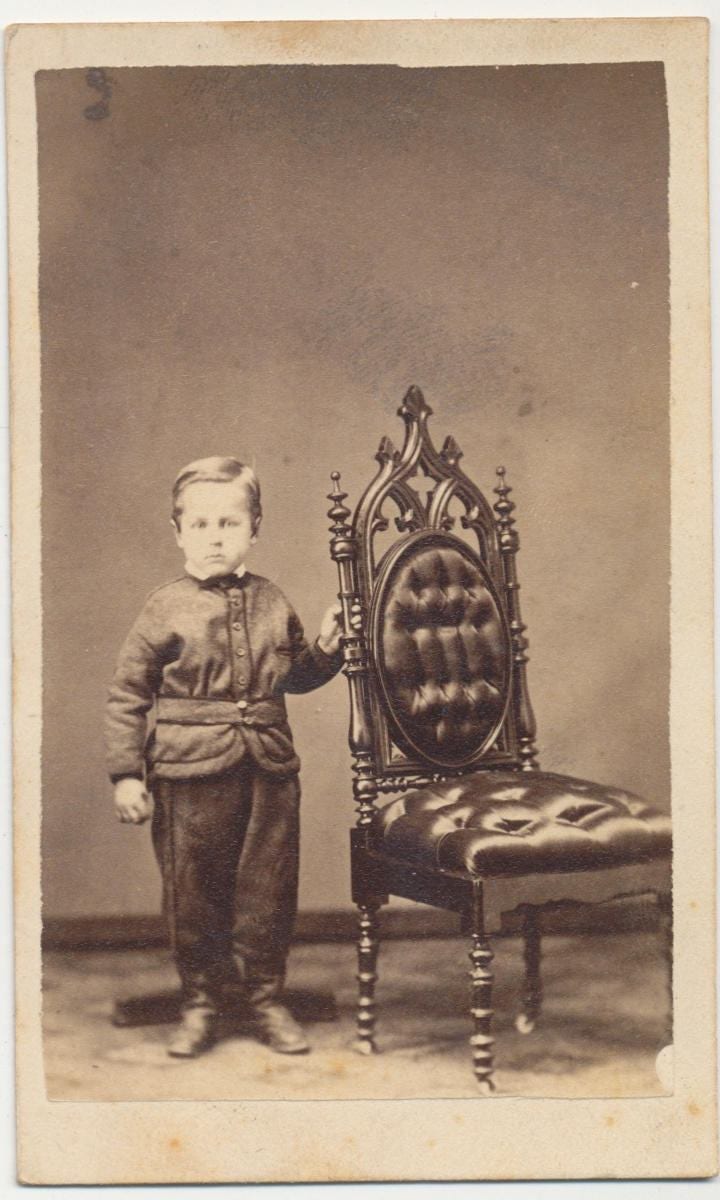 1800s CDV Photo: Little Boy with Ornate Chair, Attica Indiana