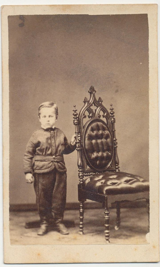 1800s CDV Photo: Little Boy with Ornate Chair, Attica Indiana