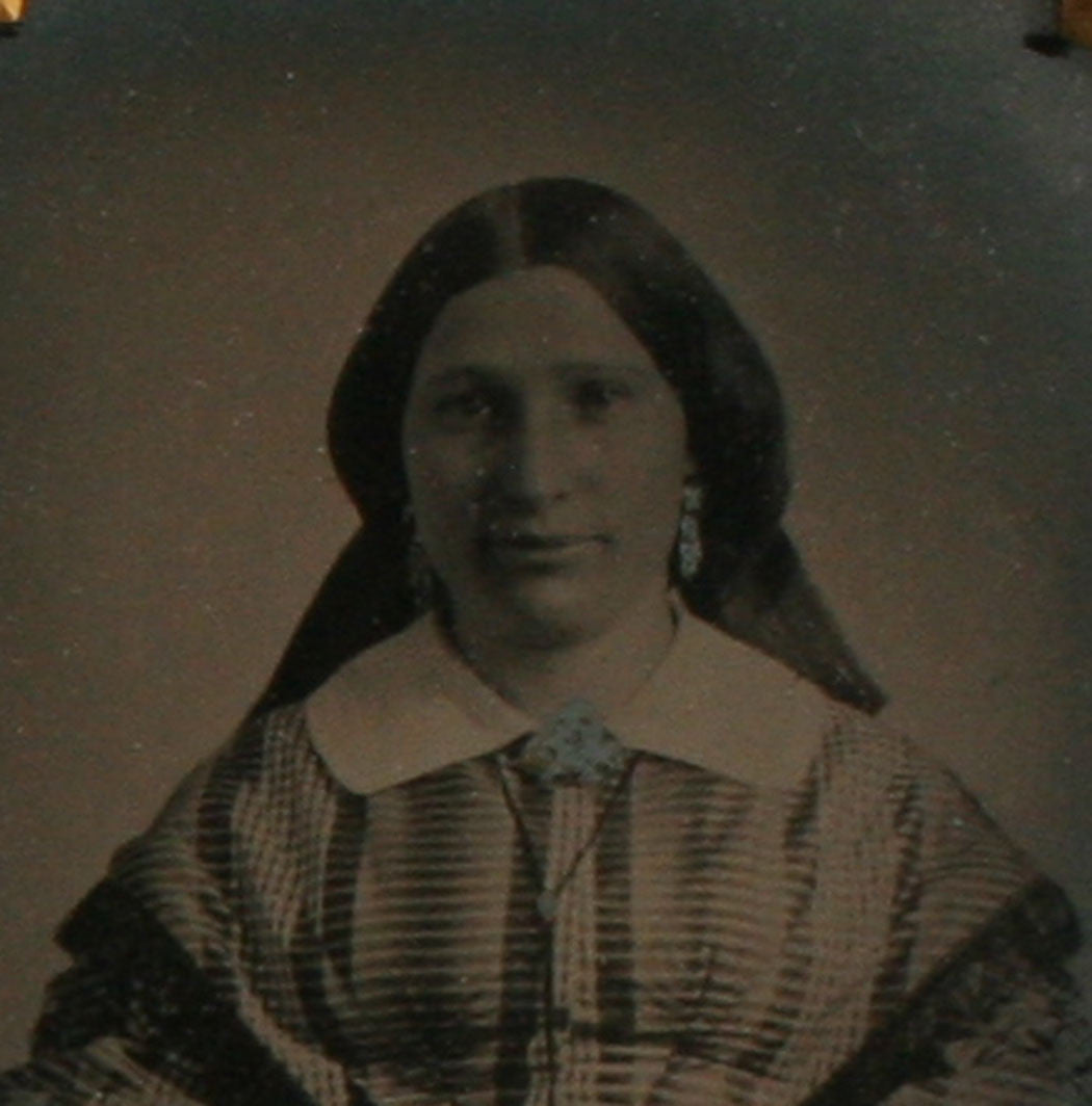 WOMAN LONG HAIR, PATTERNED DRESS, BLUE TINTED FLOWER. AMBROTYPE 9TH PLATE.