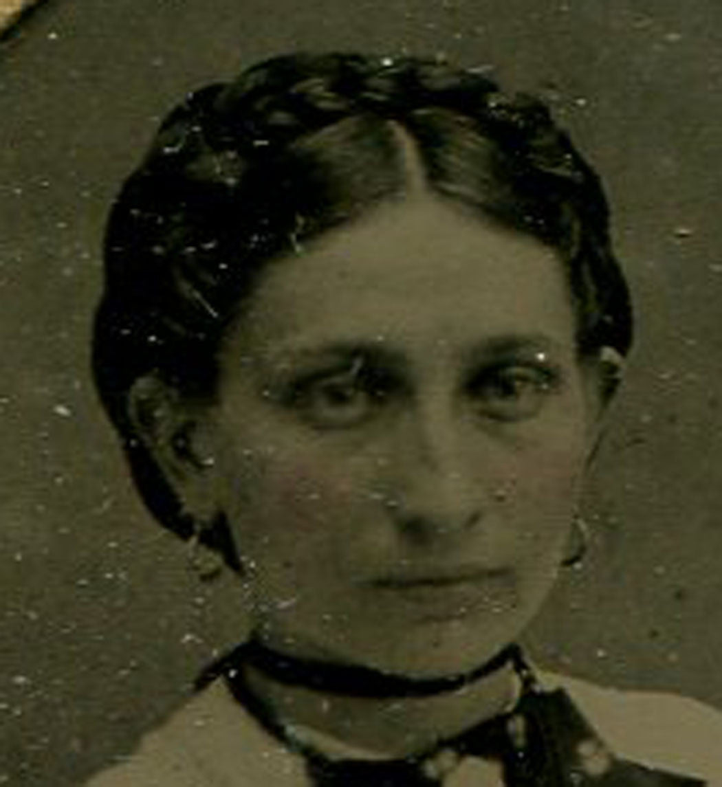 SOMBER LOOKING WOMAN, CHOKER NECKLACE, BOW TIE. TINTED TINTYPE, COSHOCTON, OHIO.
