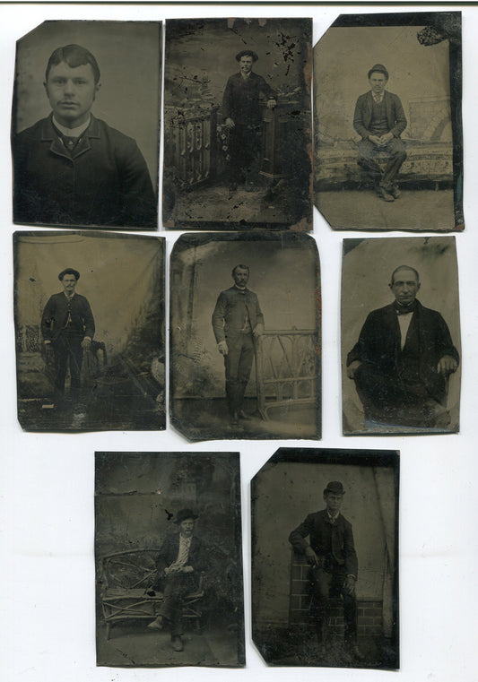 MEN, MANY WITH HATS. PORTRAITS, VARIETY OF CHARACTERS.  8 SET, TINTYPES.
