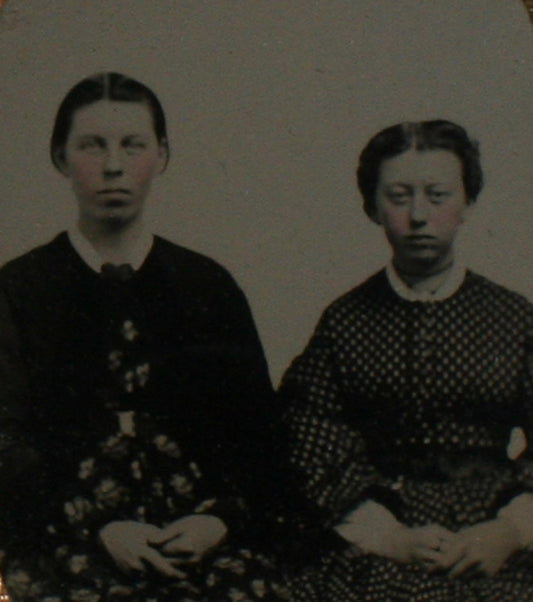 CRISP TINTYPE PORTRAIT OF SISTERS IN ORIGINAL ORNATE CASE