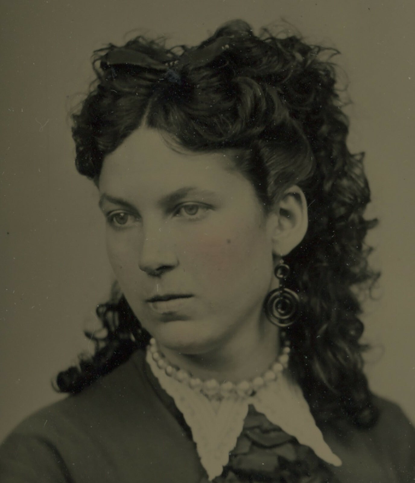FROM PORTLAND, ME, YOUNG LADY W/ PEARLS + CURLS TINTYPE BY COLLINS