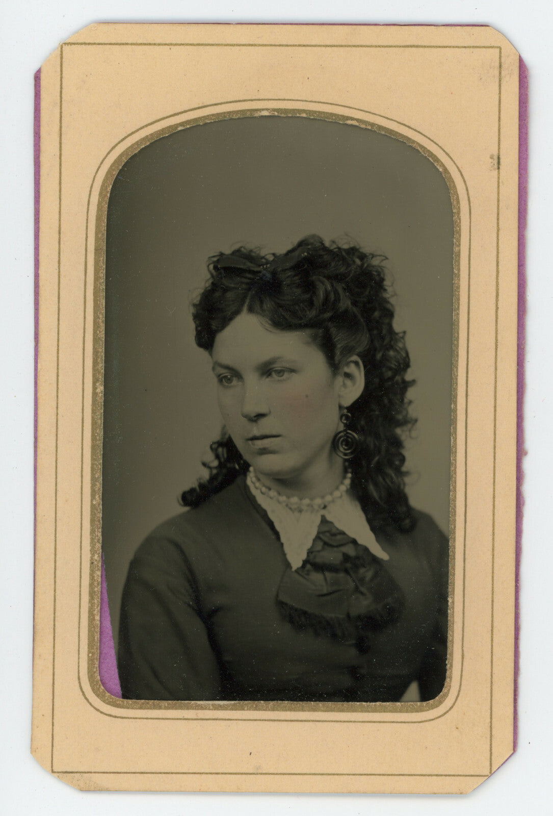 FROM PORTLAND, ME, YOUNG LADY W/ PEARLS + CURLS TINTYPE BY COLLINS