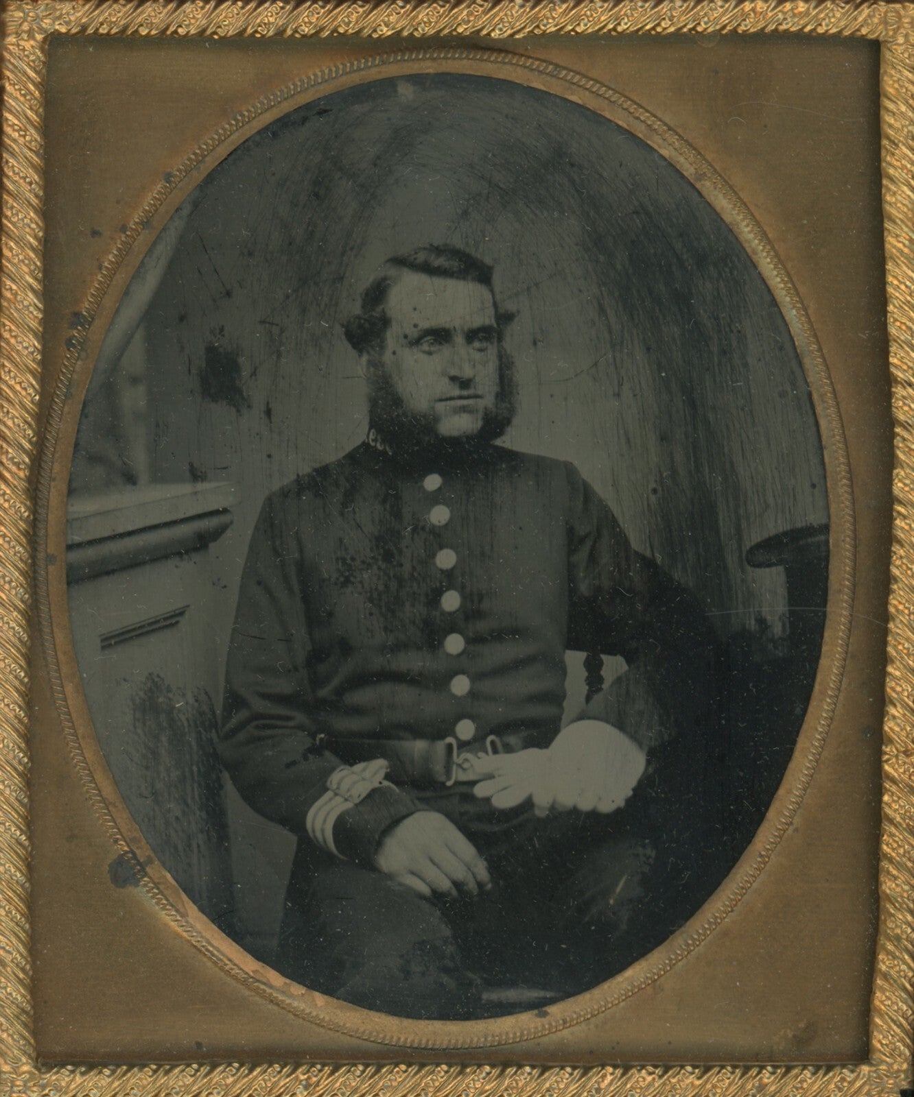 POLICEMAN W/ MUTTON CHOPS TOP HAT ON TABLE AMBROTYPE IN FULL CASE 1/6 PLATE