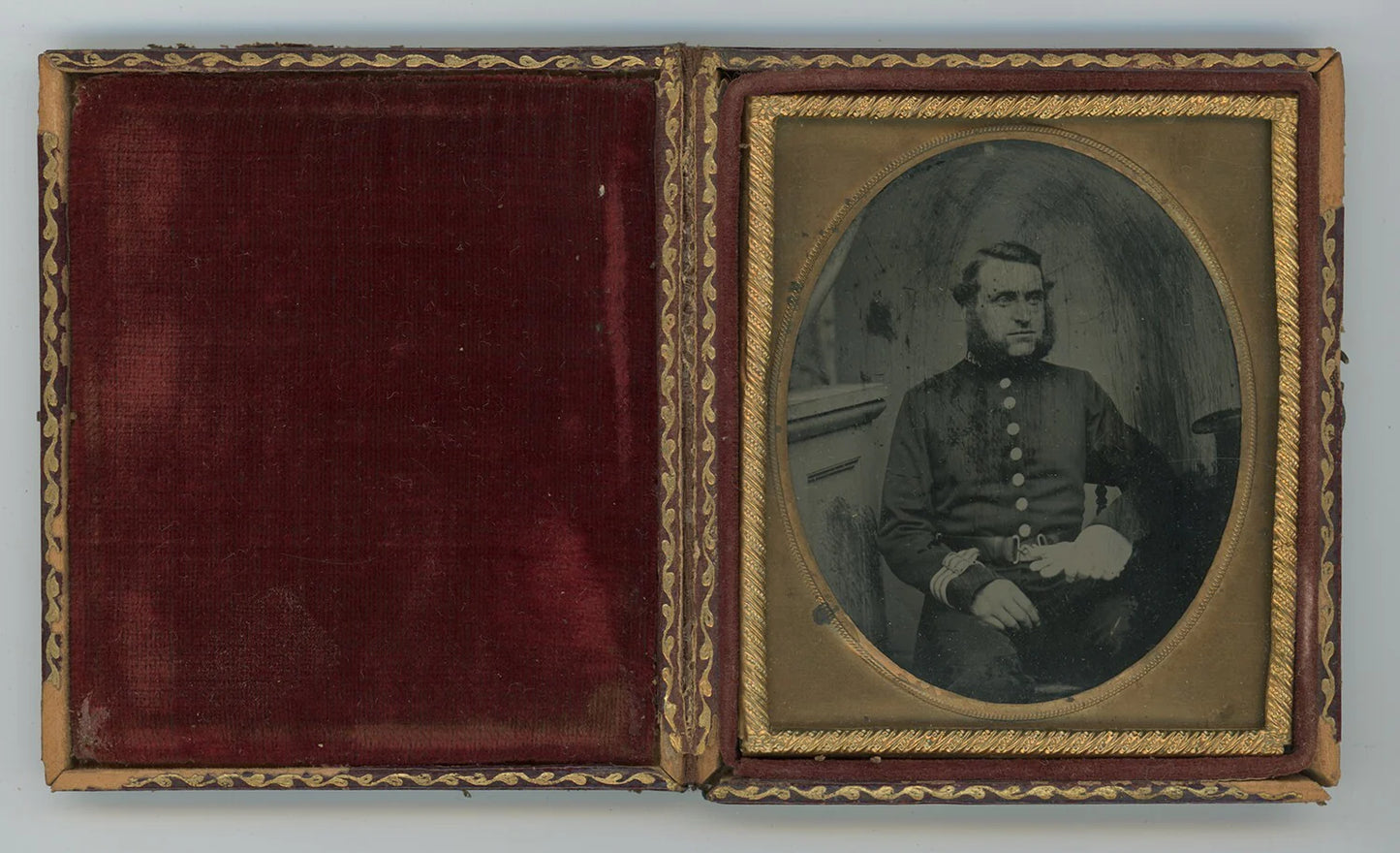 POLICEMAN W/ MUTTON CHOPS TOP HAT ON TABLE AMBROTYPE IN FULL CASE 1/6 PLATE
