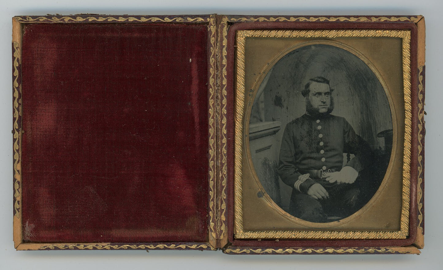 POLICEMAN W/ MUTTON CHOPS TOP HAT ON TABLE AMBROTYPE IN FULL CASE 1/6 PLATE