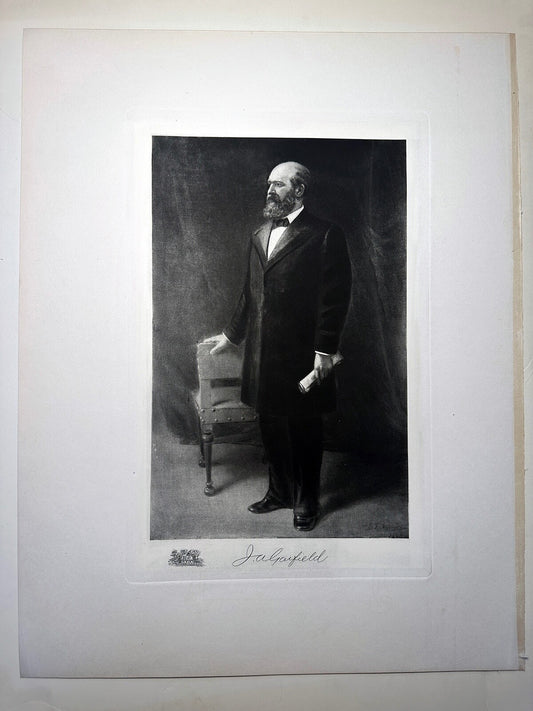 Vintage photogravure of President Garfield, 3-page set with dedication, tissue