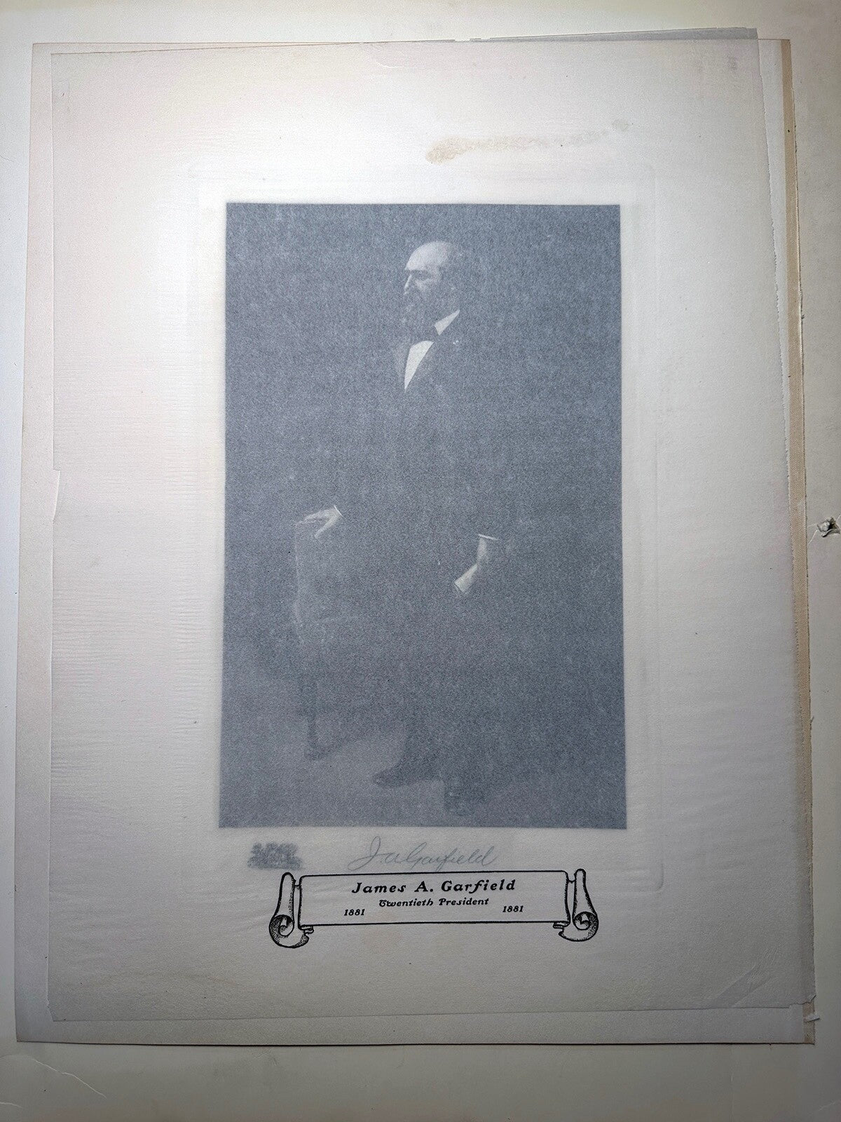 Vintage photogravure of President Garfield, 3-page set with dedication, tissue