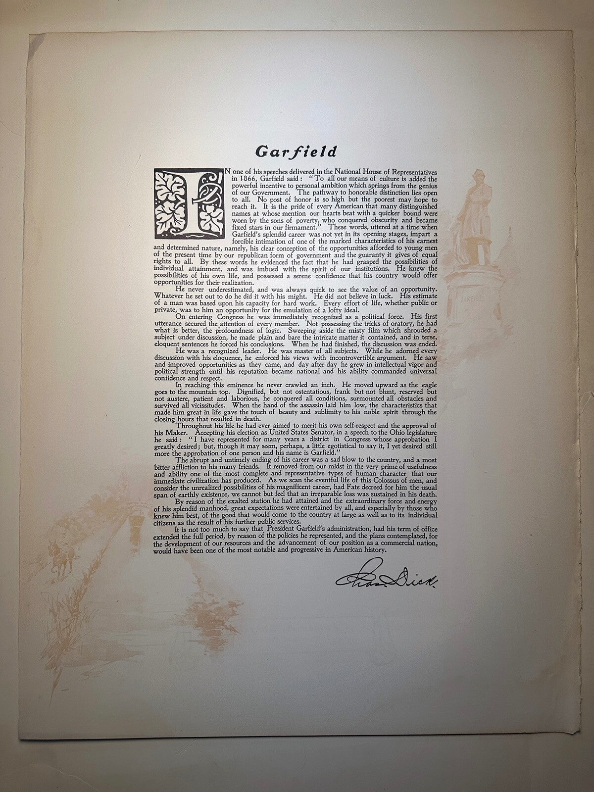 Vintage photogravure of President Garfield, 3-page set with dedication, tissue