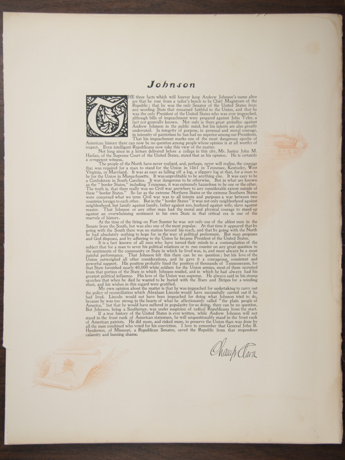 Vintage photogravure of President Andrew Johnson with Champ Clark handwritten