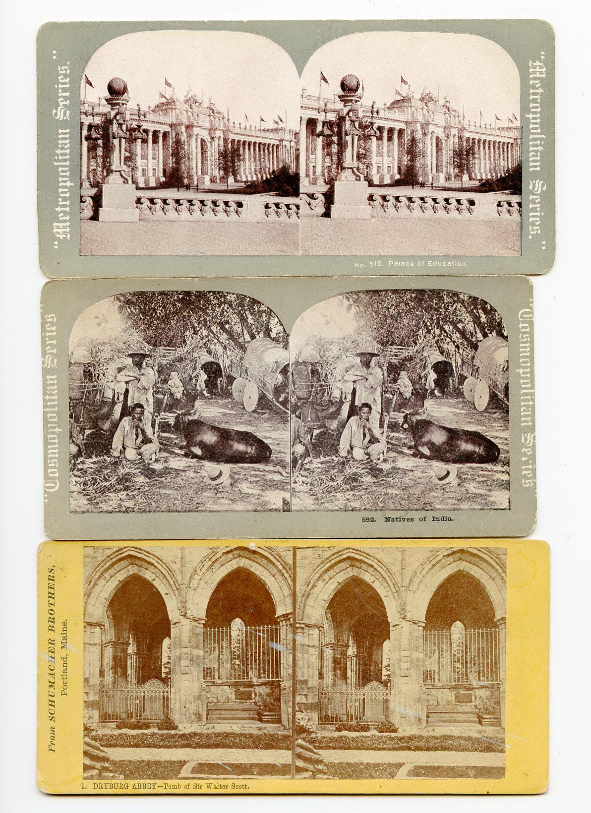 Antique Stereoviews Lot of Five, Various Views, Worlds Fair, Tomb of Walter Scott