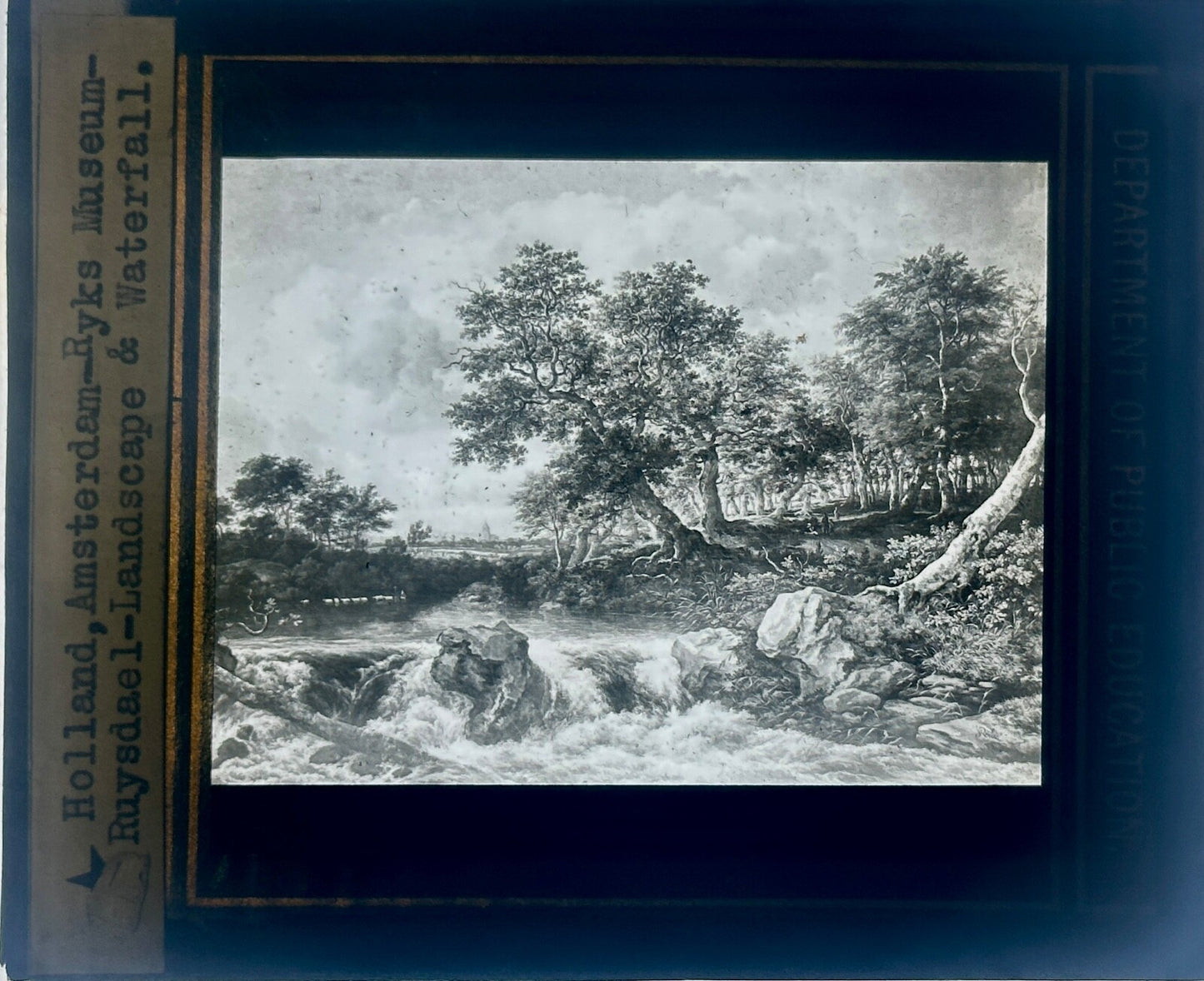VINTAGE LANTERN SLIDE RYKS MUSEUM-RUYSDAEL LANDSCAPE AND WATERFALL  3.25X4IN