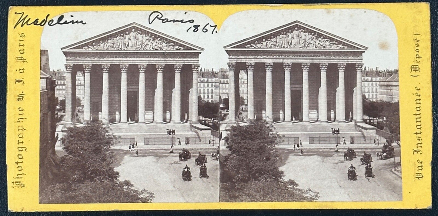 Vintage Stereoview Card: Eglise de la Madeleine, Paris 1867 - 3.5x7in -
