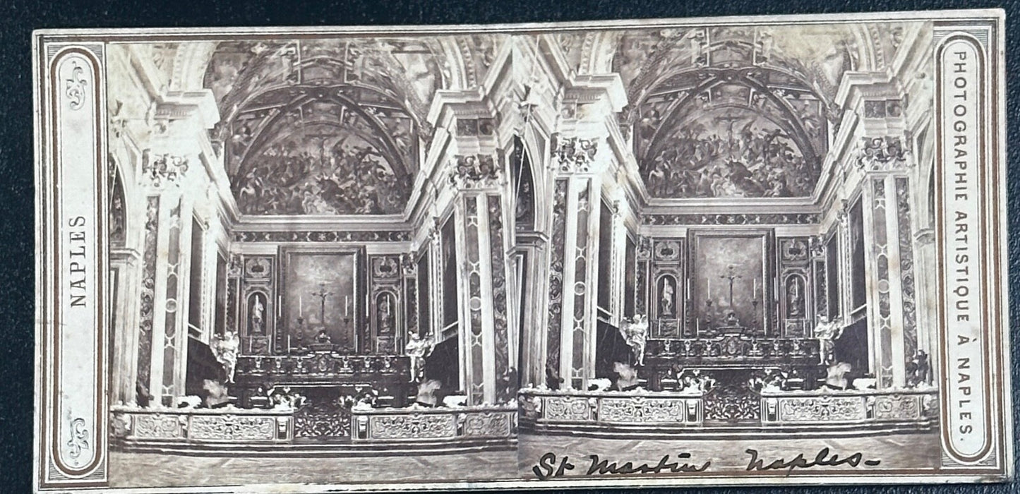 Vintage StereoView Card Church of Saint Martin Naples Italy 3.5x7in Rare