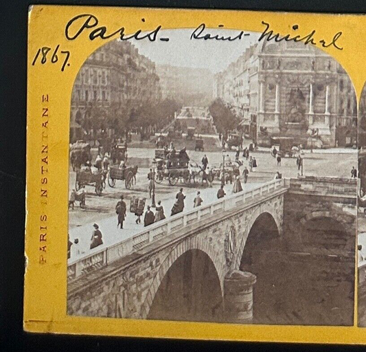 Vintage StereoView Card: “Place et Pont Saint Michel Paris “ 3.5x7in