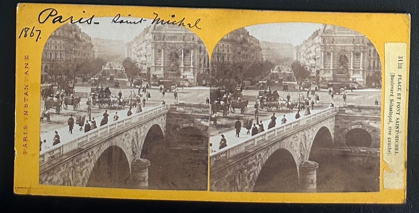 Vintage StereoView Card: “Place et Pont Saint Michel Paris “ 3.5x7in