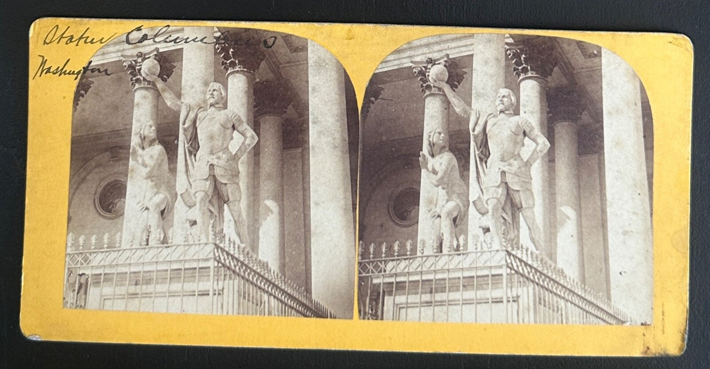 Vintage Stereo View Card: Statue of Columbus with Indigenous Woman, The
