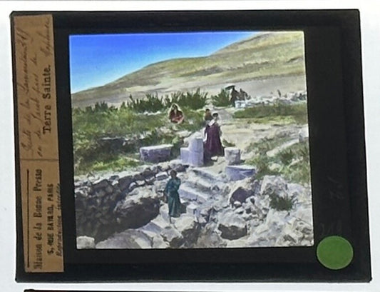 Vintage lantern slide Terre Sainte 3.25x4 in glass photo, Jacob & Samaritans -
