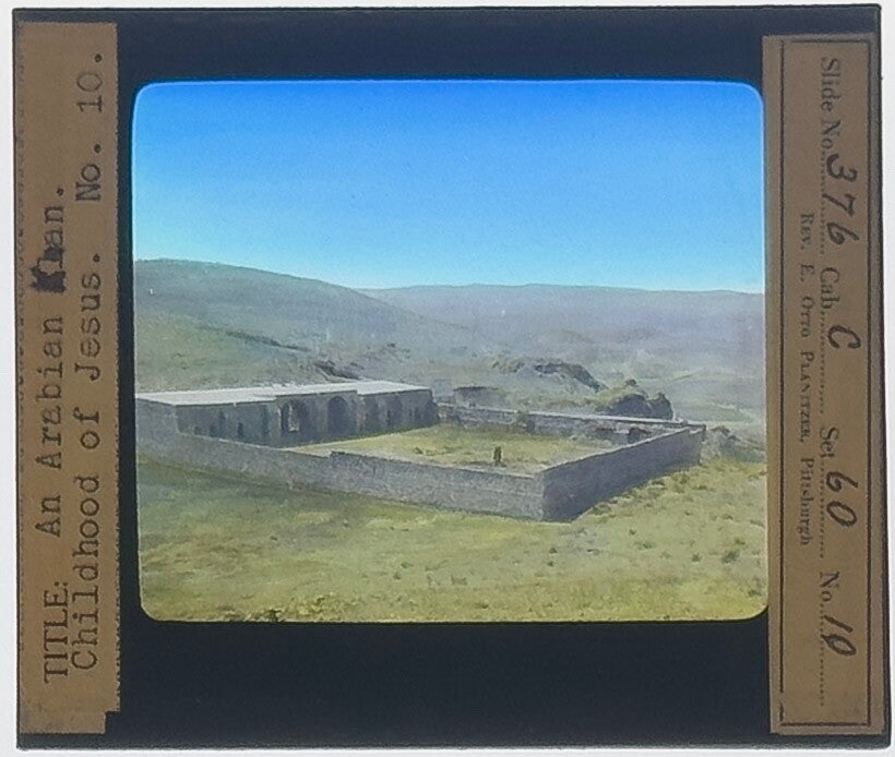 Vintage hand-tinted lantern slide: An Arabian Khan/Jesus Childhood, 3.25x4 in -