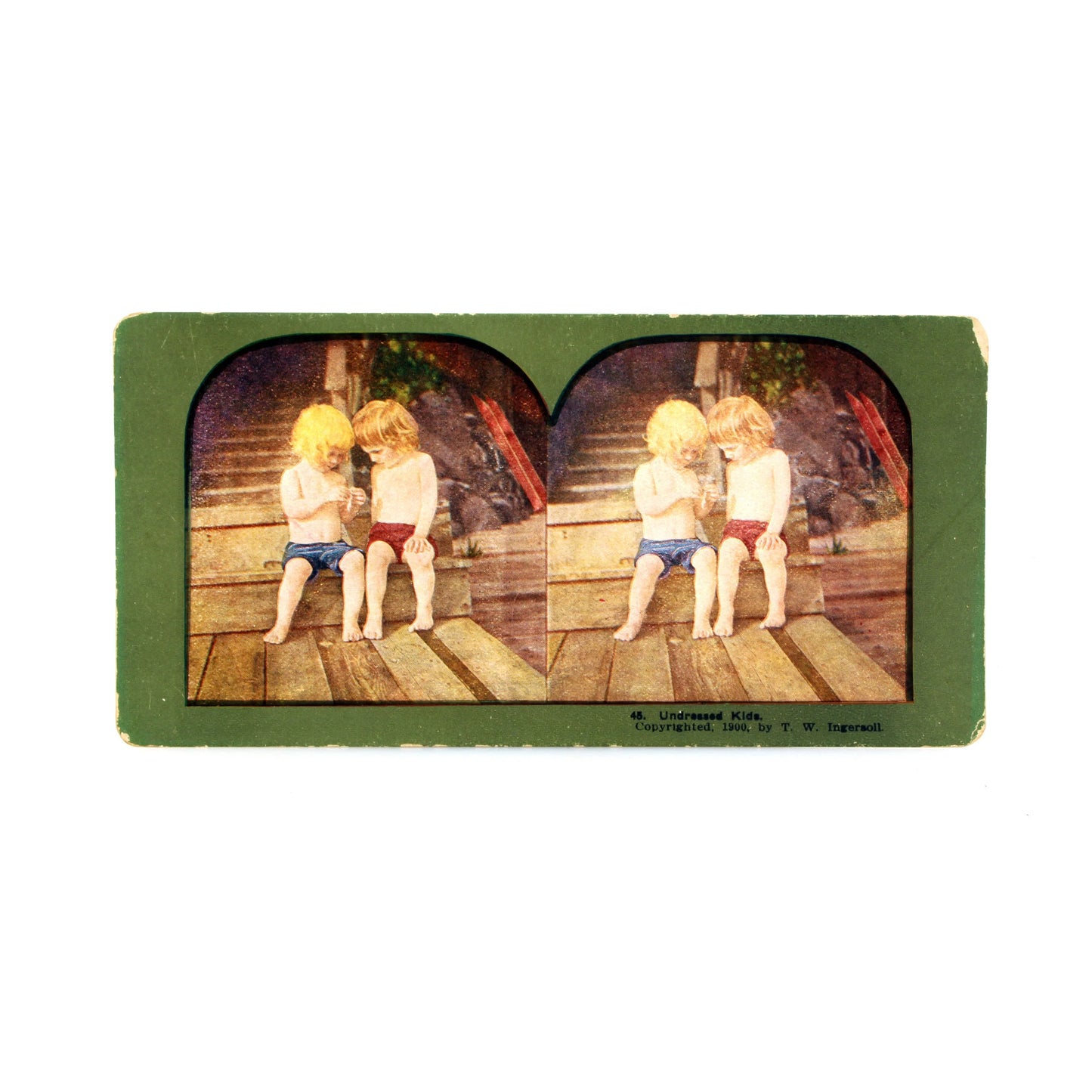 Vintage Stereograph Print of Two Undressed Kids Admiring Something On Porch