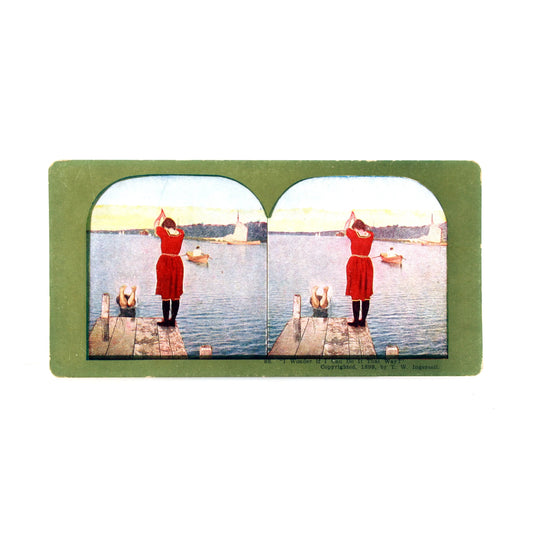 Vintage Stereograph Print of People Diving Off Dock Bay Scenery With Boats