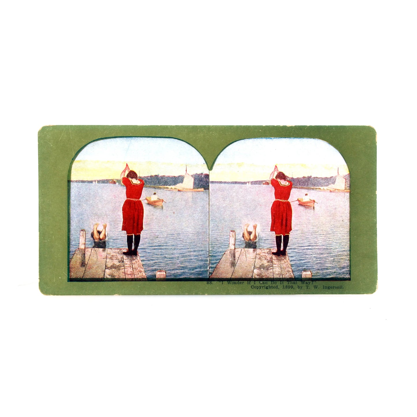 Vintage Stereograph Print of People Diving Off Dock Bay Scenery With Boats