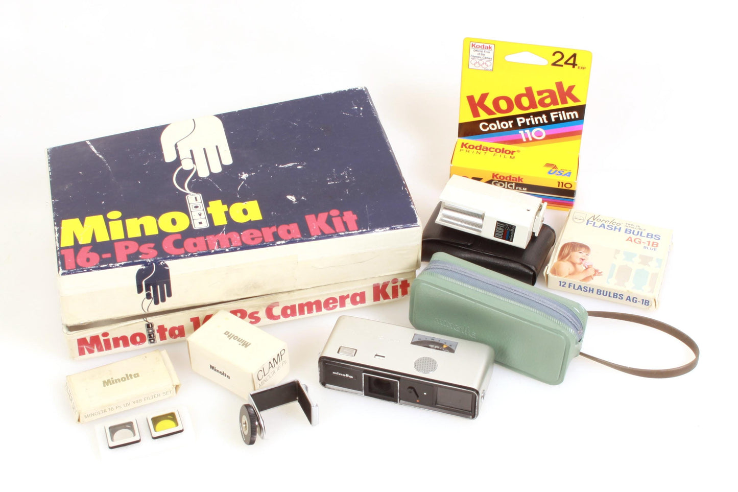 Minolta-16 Model P Subminiature 110 Film Spy Camera w/ Case, Flash, Strap, Box