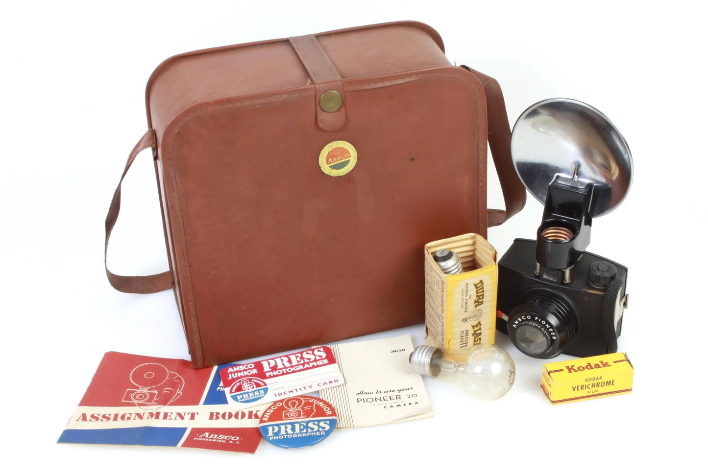 1949/50 Ansco Junior Press Photographer Camera Kit w/ Badge/Assignment Book/ID Card/Film/Flash/Bulbs/Case