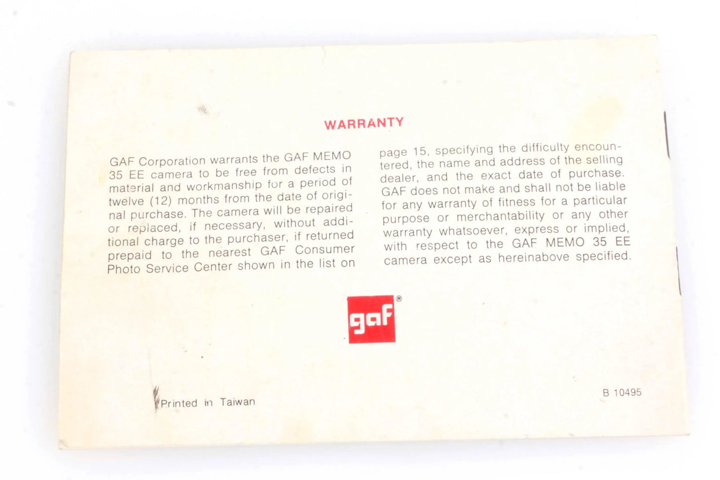 GAF 35mm MEMO 35EE Instructional Booklet
