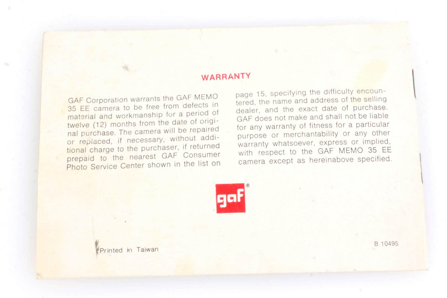 GAF 35mm MEMO 35EE Instructional Booklet