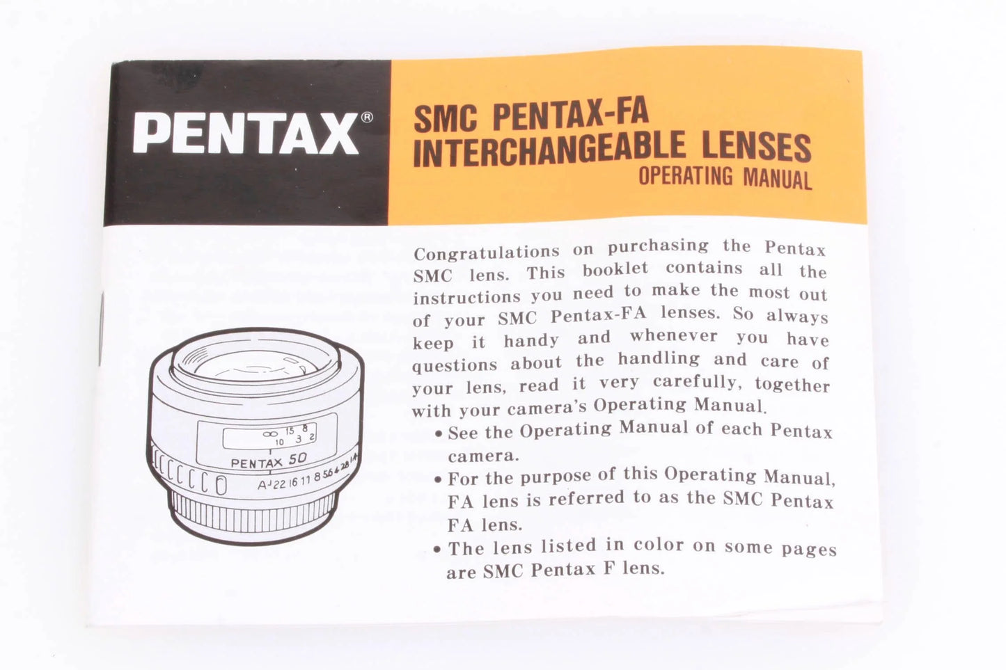 Pentax SMC FA Interchangeable Lens Operating Manual